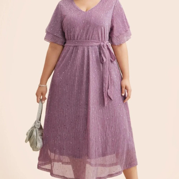 BloomChic Plus Size 2XL Plain V Neck Mesh Pocket Ruffle Tiered Belted Midi Dress - Picture 4 of 5